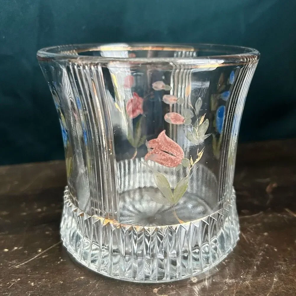 Vintage Cut Glass Hand Painted Spooner Short Vase UV Glow
